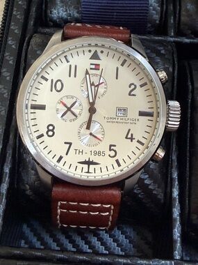Tommy Hilfiger Brown Leather Strap Watch with Cream Dial